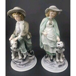 Andrea by Sadek Boy & Girl Dog Bisque Porcelain Figurines Ethan Allen 3213A VTG